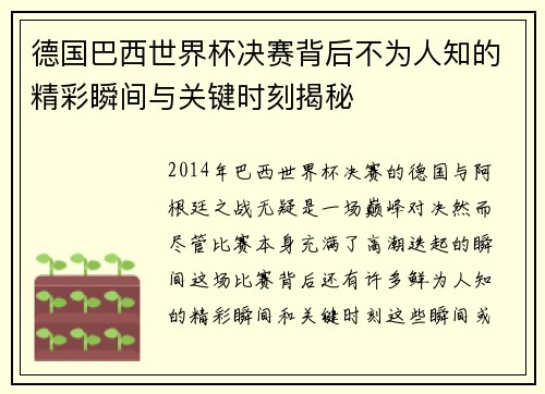 德国巴西世界杯决赛背后不为人知的精彩瞬间与关键时刻揭秘 德国巴西世界杯决赛背后不为人知的精彩瞬间与关键时刻揭秘